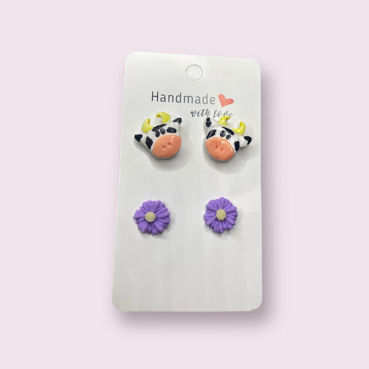 Cow and flower stud earrings